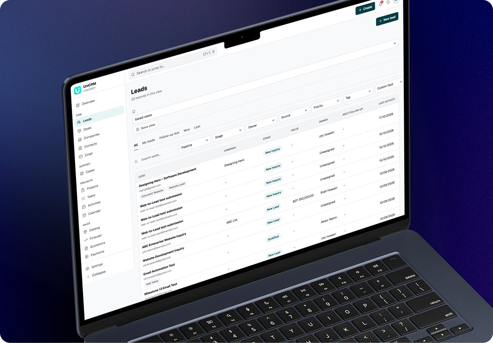 UniCRM lead management table and pipeline overview